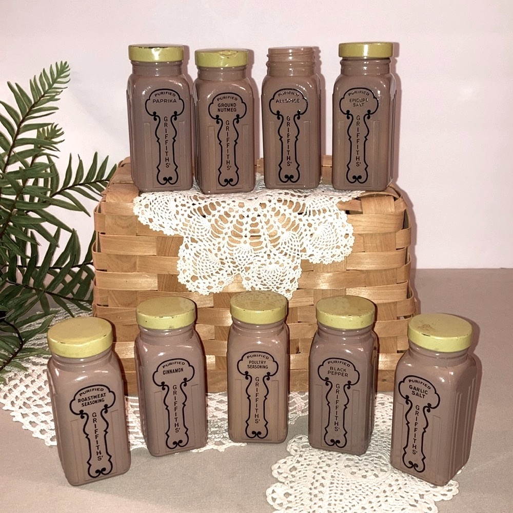 Vintage Griffiths Cocoa Brown Milk Glass Spice Jars Set
